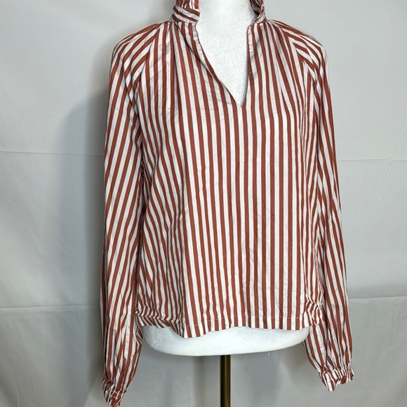 Striped Mandarin Collar Burnt Red and White Blouse by Harshman of L.A. Size XS - Picture 7 of 8